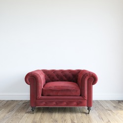 Single Red Velvet Armchair In Minimalist Interior Room