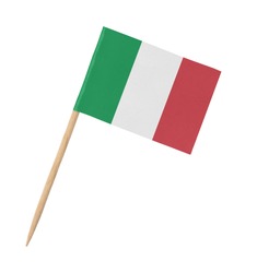 Small paper Italian flag on wooden stick, isolated on white
