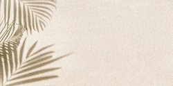 Banner of Palm leaf shadow on sand, top view, copy space 