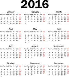 Calendar 2016 starting from monday