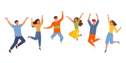 Happy people jumping set. Young funny teens guy, girl jumping together for joy joyful celebration victory team of smiling students celebrates success. Happy color cartoon vector graphics.