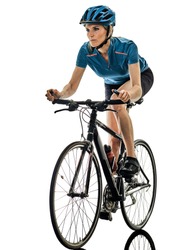 one caucasian cyclist woman cycling riding bicycle isolated on white background