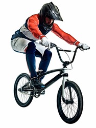 one caucasian BMX racer jumping in studio silhouette isolated on white background