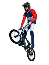 one caucasian BMX racer jumping in studio silhouette isolated on white background