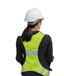 Back view of female construction worker isolated on white background