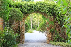 Stone arch entrance gate covered with ivy. Archway to the park.