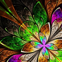 Beautiful fractal flower in yellow, green and purple. Computer generated graphics.
