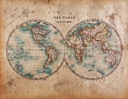 A genuine old stained World map dated from the mid 1800's showing Western and Eastern Hemispheres with hand colouring.