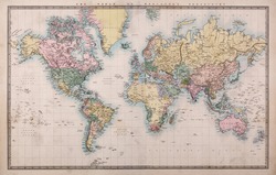 Original old hand coloured map of the World on Mercators projection circa 1860,the countries are named as they were then i.e. Persia, Arabia etc. a few stains as expected for a map over 150 years old.