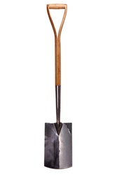 Photo of a wooden handle gardening spade isolated on a white background.