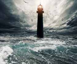 Stormy sky over flooded lighthouse