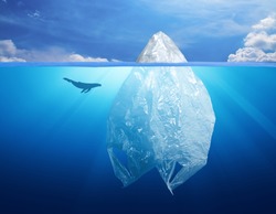 plastic bag iceberg with dolphin, environment pollution