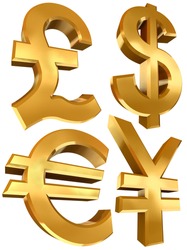pound dollar euro and yen golden symbols isolated on white background