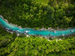 River Soca cutting trough forest, Slovenia. Drone photo.