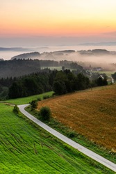 Beautiful Sunrise in Polish Mountains and Hillside at Ciezkowice in Lesser Poland.