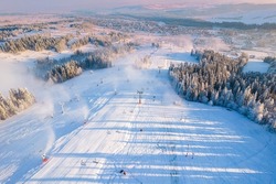 Drone View at Ski SLope in kotelnica, Zakopane, Poland at Cold Sunny Winter Day.