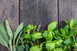 Fresh herbs from garden , on wooden rustic background