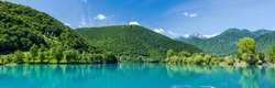 Panoramic image of Most Na Soci lake in Triglav,Slovenia.