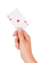Ace of hearts in hand on a white