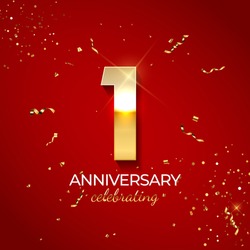 Anniversary celebration decoration. Golden number 1 with confetti, glitters and streamer ribbons on red background. Vector illustration EPS10