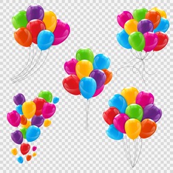 Set, Bunches and Groups of Color Glossy Helium Balloons Isolated on Transparent Background. Vector Illustration EPS10