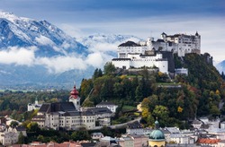 Beautiful view of Salzburg skyline with Festung Hohensalzburg and Salzach river in summer, Salzburg, Salzburger Land, Austria