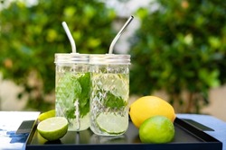 Close-up of two glasses of refreshing homemade mint, lemon and lime lemonade with reusable metal straws outdoors in summer.