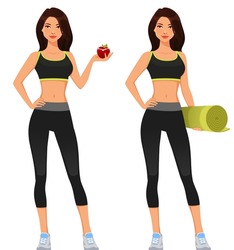 beautiful young girl in gym outfit, holding a yoga mat or an apple, cute cartoon character. Slim young woman, healthy lifestyle illustration. Isolated on white.