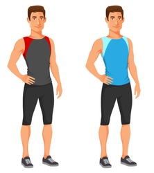 young fit guy in sport or gym wear. Handsome young man, reading for his work out. Healthy lifestyle concept. Cartoon character.