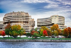 The Watergate Hotel complex from the Potomac River in Washington, DC in autumn