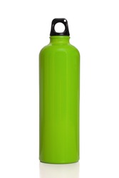 Green aluminum reusable water bottle isolated on a white background.