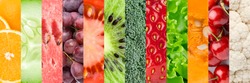 Collage with different fruits, berries and vegetables