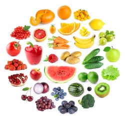 Collection of color fruits and vegetables on white background. Fresh food. Collage