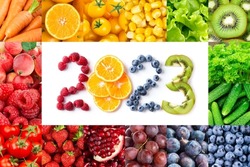 Fruits and vegetables. New year 2023 made of fruits and vegetables. Healthy food. Texture