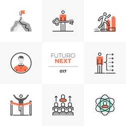 Modern flat icons set of develop leadership skills and achieve goal. Unique color flat graphics elements with stroke lines Premium quality vector pictogram concept for web, logo, branding, infographic