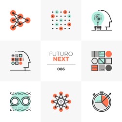 Modern flat icons set of machine learning process, neural intelligence. Unique color flat graphics elements stroke lines. Premium quality vector pictogram concept for web, logo, branding, infographics