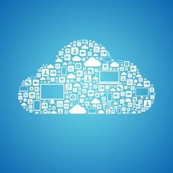 Abstract vector concept of cloud computing with many graphic icons which form a cloud shape. Isolated on blue background