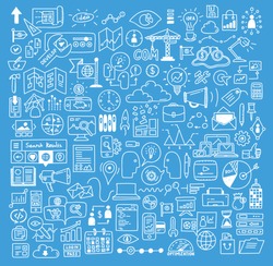 Hand drawn vector illustration icons set of business strategy, brainstorming and website development doodles elements. Isolated on bright blue background.