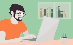 Flat design modern vector illustration lifestyle concept of handsome man in casual T-shirt sitting at the desk and working on laptop in the office. Isolated on stylish colored background