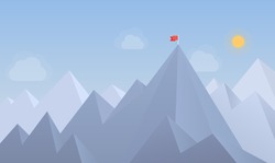 Flat design modern vector illustration concept with copy space of flag on the mountain peak, meaning overcoming difficulties, goal achievement, winning strategy with focus on results.