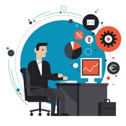 Flat design style modern vector illustration concept of smiling business man in formal suit sitting at the desk and working on computer in the office. Isolated on stylish colored background