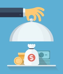 Flat design style modern vector illustration concept of businessman offering a money on the serve plate for funding a commercial project or investment in bank deposit. Isolated on the blue  background
