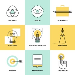Creative design process concept with web studio development elements,?? business vision, marketing strategy, smart solution and success ideas. Flat line icons modern style vector illustration set.