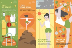 Flat banner set of health yoga life, practice yoga on physical, mental, emotional, spiritual, energetic level, equipment and things for starting. Flat design style modern vector illustration concept