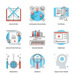 Thin line icons of global education form, online webinar, video tutorial, certificate of specialist, know how ideas develop. Modern flat line design element vector collection logo illustration concept