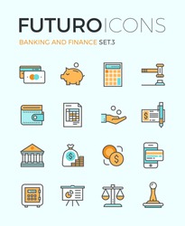 Line icons with flat design elements of money savings and finance tools, banking services, financial management items, business accounting. Modern infographic vector logo pictogram collection concept.