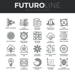 Modern thin line icons set of data science technology, machine learning process. Premium quality outline symbol collection. Simple mono linear pictogram pack. Stroke vector logo concept, web graphics.