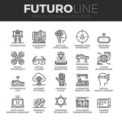 Modern thin line icons set of future technology and artificial intelligent robot. Premium quality outline symbol collection. Simple mono linear pictogram pack. Stroke vector logo concept, web graphics