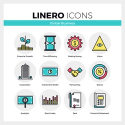 Line icons set of global business, partnership corporation. Modern color flat design linear pictogram collection. Outline vector concept of stroke symbol pack. Premium quality web graphics material.
