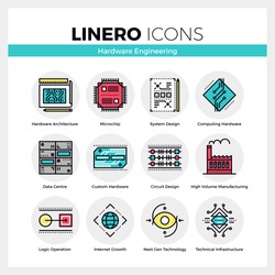 Line icons set of hardware engineering technology production. Modern color flat design linear pictogram collection. Outline vector concept of stroke symbol pack. Premium quality web graphics material.